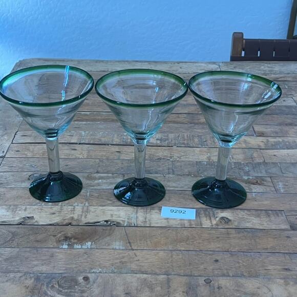 Mexican Hand Blown Martini Glasses Green Rim 7.25" Tall Set of 3 - Picture 11 of 11